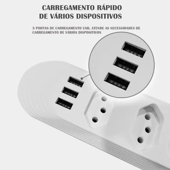 NEVERDIE STORE - Extensão Elétrica 2m Com 3/4 Tomadas e 3 Entradas USB com Botão ENVIO RAPIDO PARA TODO O BRASIL