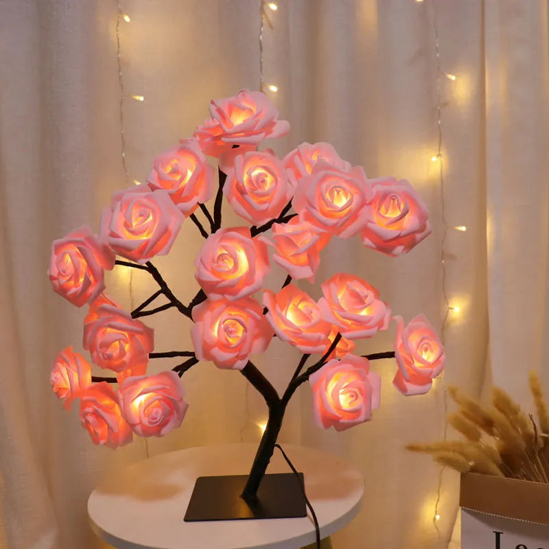 Luzes de Rosa com Plugue USB, Candeeiro De Mesa, Flor De Fadas, Luz Noturna, Casa, Festa, Natal, Casamento, Decoração Do Quarto, Presente, 24 LED