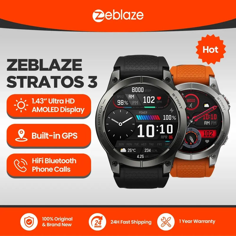 Zeblaze Stratos 3 Relógio Inteligente com GPS Premium, Display Ultra HD AMOLED, GPS Embutido, Hi-Fi Bluetooth, Chamadas Telefônicas Smartwatch